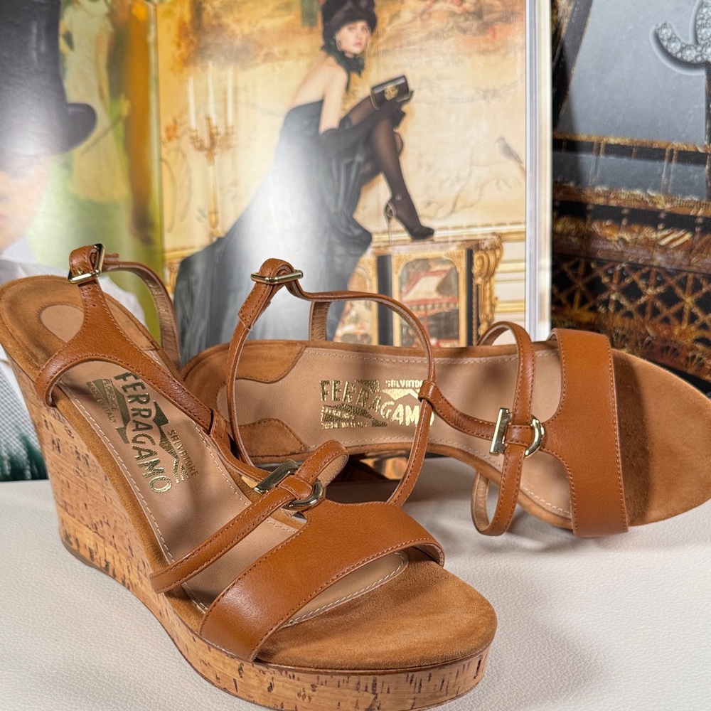 Salvatore Ferragamo brown Leather Wedge Sandals size 7 - Picture 2 of 12